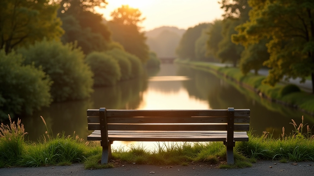 Peaceful wooden bench overlooking the canal with water reflections and trees in background, golden hour lighting
