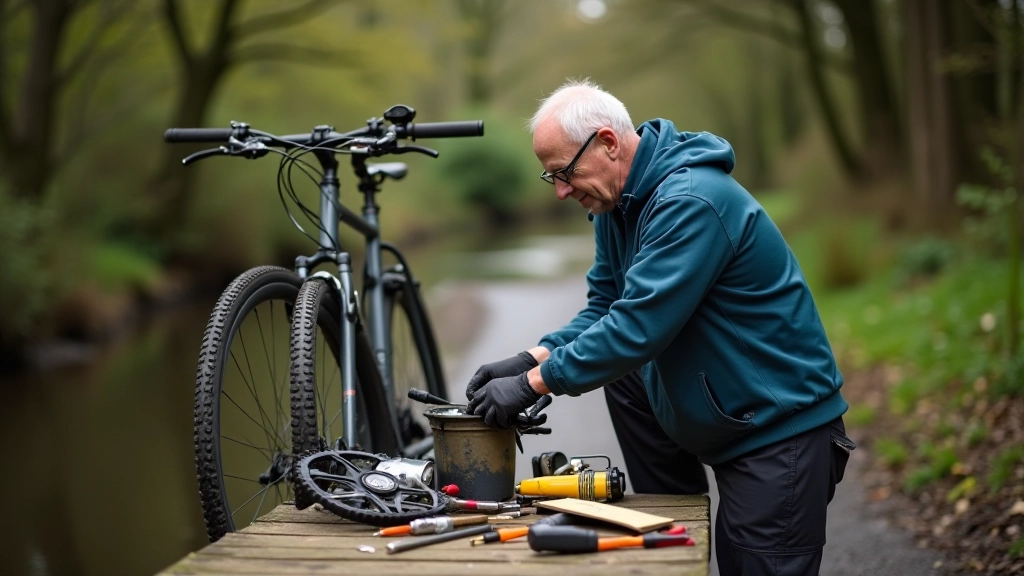 Bicycle maintenance work on trail with tools and bike components displayed