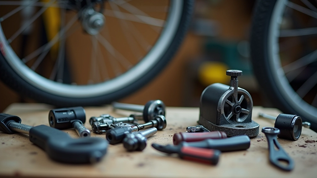 Close-up of bike maintenance with tools and bicycle components on a work surface