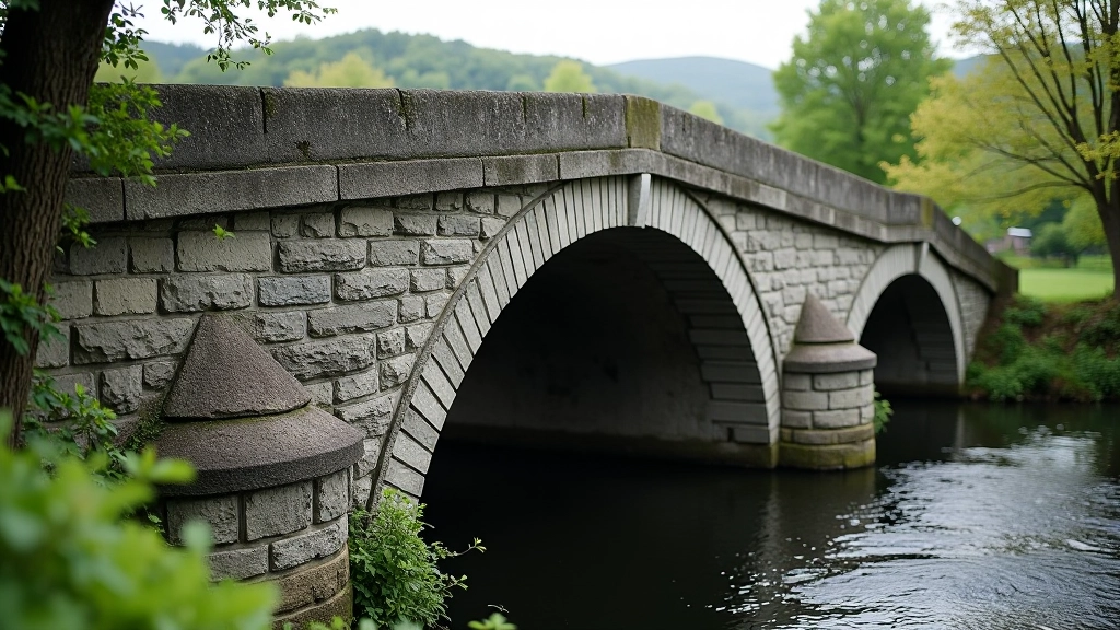 Historic Salmon Weir Bridge architectural detail, stone structure, water below, scenic river crossing point
