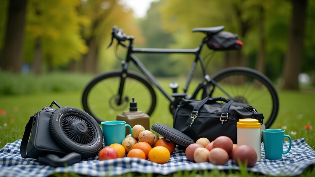 Cyclist's essentials laid out on a blanket including water bottle, snacks, repair kit, and sun hat near a bicycle