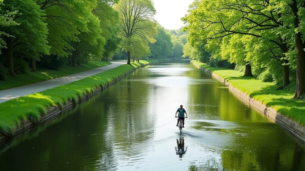 Wide towpath with gentle curve ahead, water on left side, trees lining the path on both sides with dappled sunlight