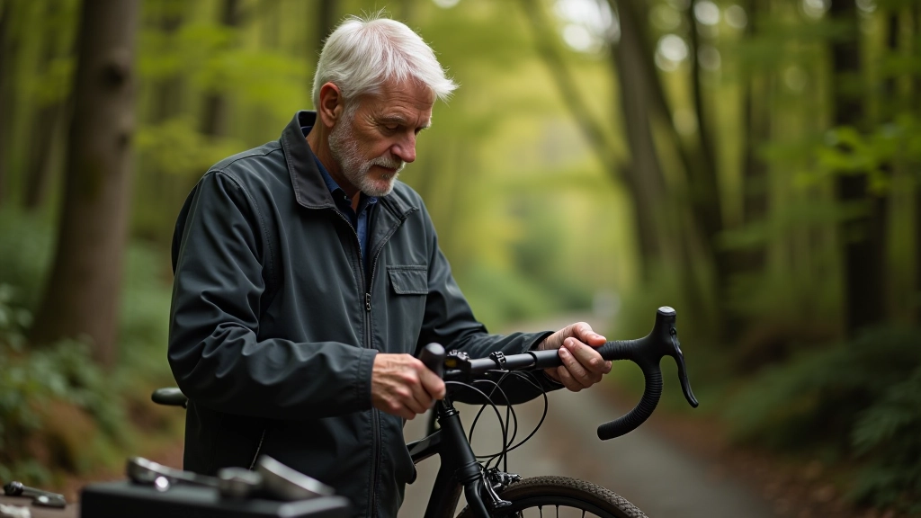 Cyclist checking bike maintenance with tools spread on wooden bench in forest setting, peaceful morning
