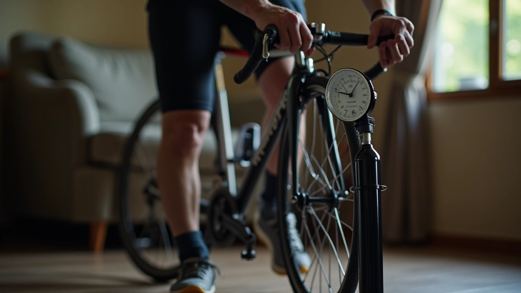 Demonstration of tire pressure checking using a floor pump with built-in pressure gauge