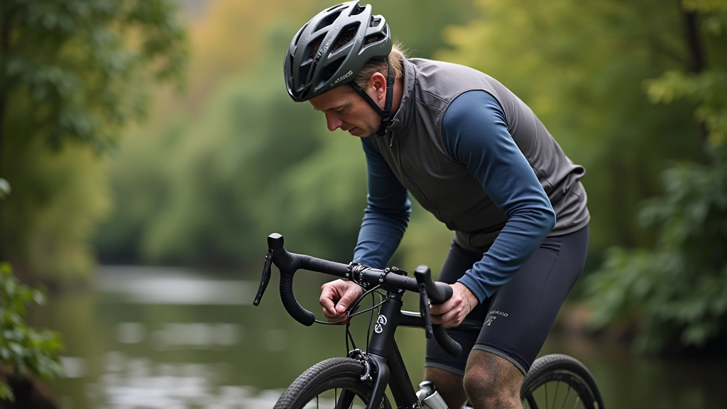 Cyclist performing maintenance on bike with tools and parts visible