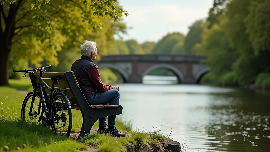 Cyclist resting on a bench beside the canal path near Salmon Weir Bridge, looking out at the water with bicycle leaning nearby, peaceful natural setting with trees and river visible