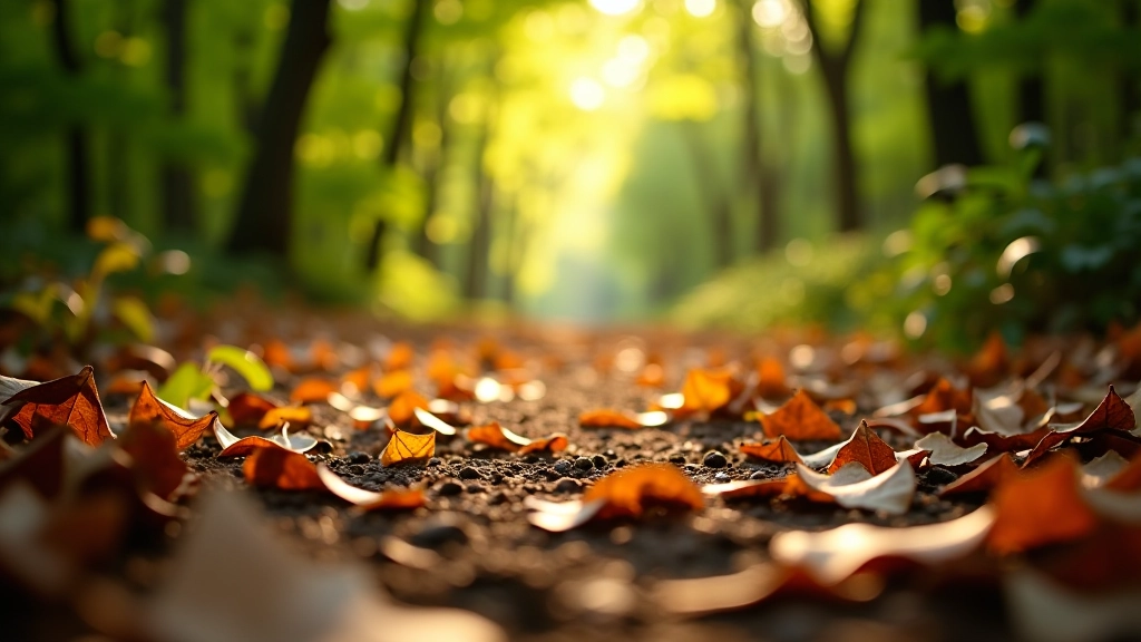 Close-up of forest path with dappled sunlight, oak leaves and natural woodland floor detail