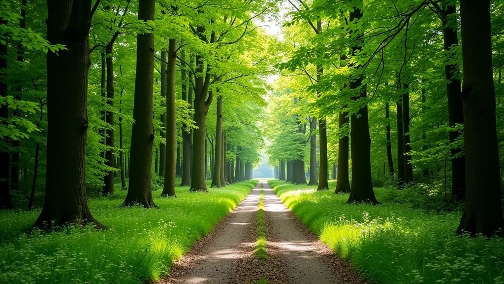 Menlo Castle woodland forest path, trees creating natural canopy, dappled sunlight, serene cycling route through nature