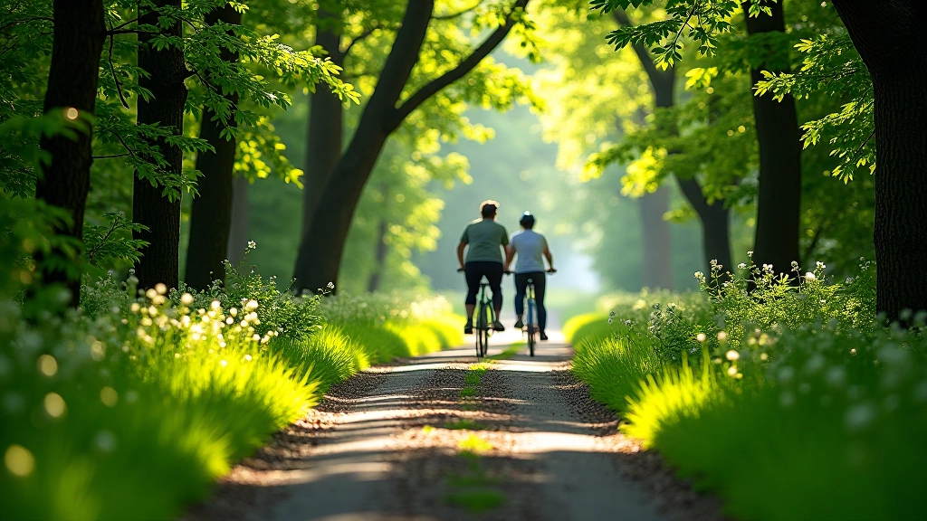 Forested cycling path with dappled sunlight and green vegetation