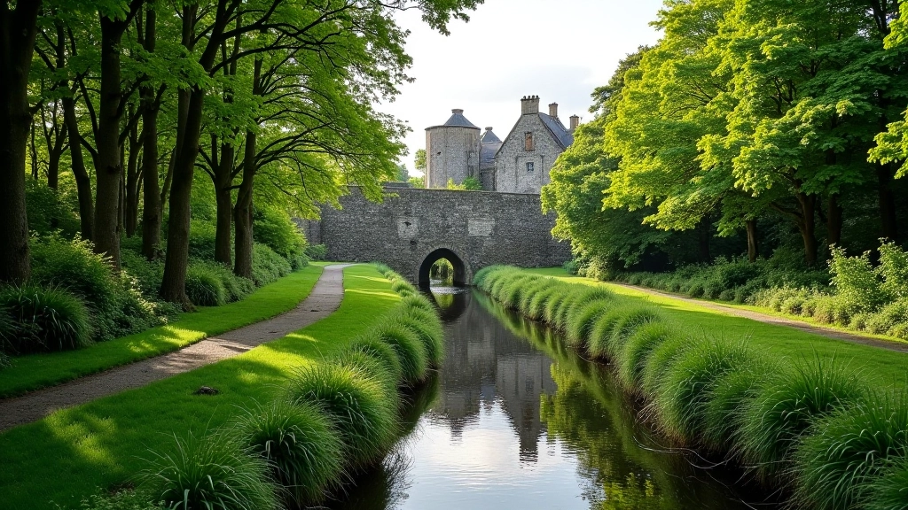 Menlo Castle ruins surrounded by ancient woodland forest with cycling path