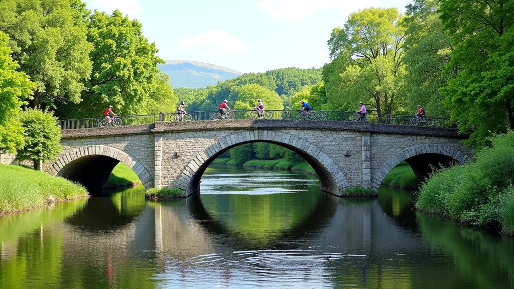 Historic Salmon Weir Bridge spanning the river in Galway with stone arches and cyclists enjoying the scenic waterway path on a bright day