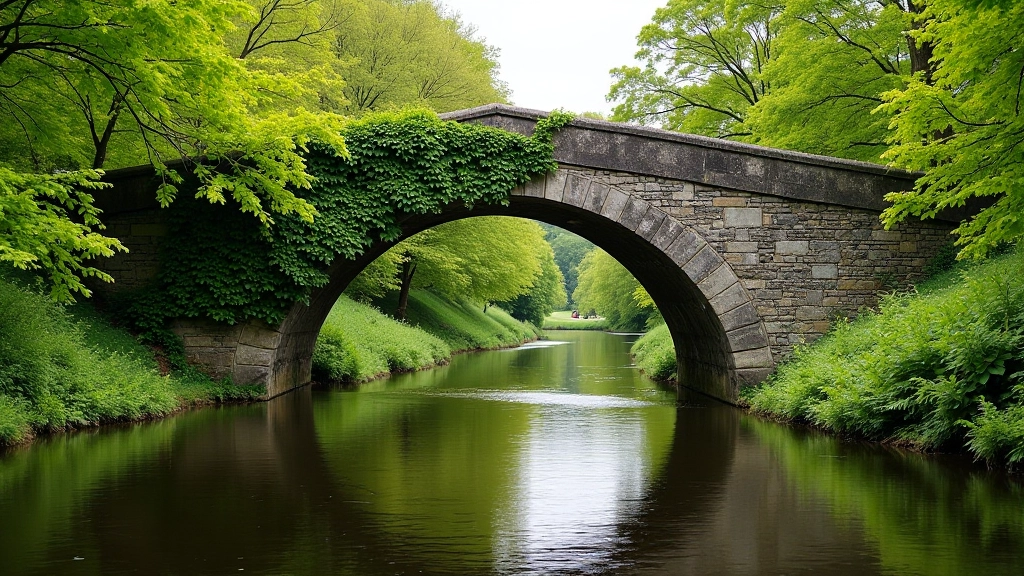 Historic stone bridge spanning over water with ivy-covered arch