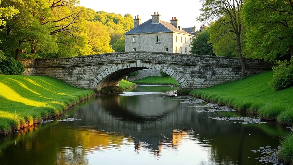 Historic Salmon Weir Bridge spanning across the River Corrib with reflection in water