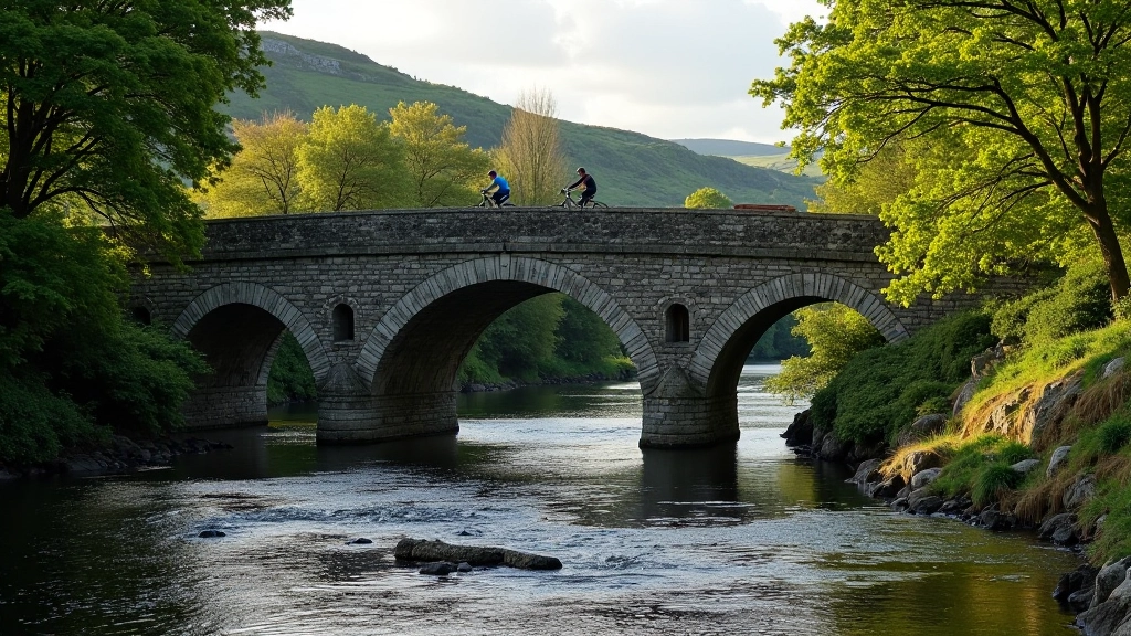 Historic stone bridge over a river with cycling path leading across it