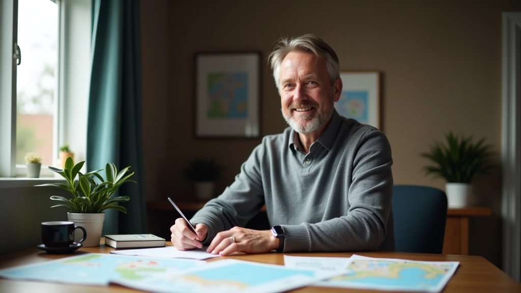 Seán Ó Briain working at his desk with cycling maps, route documentation, and Galway landscape photography, natural light from window, focused concentration