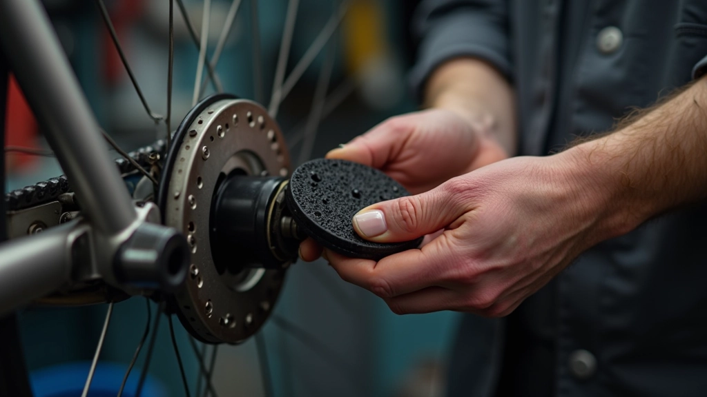 Close-up view of brake pad inspection showing proper thickness measurement on disc brake system