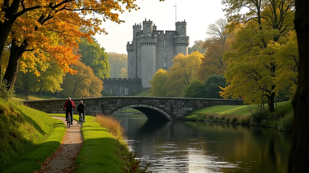Menlo Castle surrounded by green woodland forests and cycling paths through autumn foliage