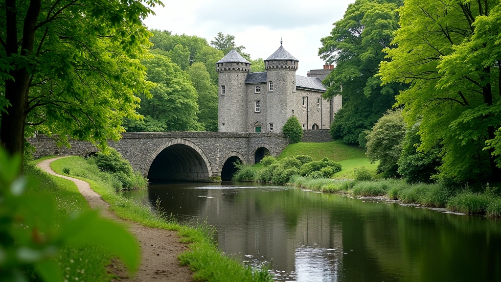 Menlo Castle surrounded by green woodland and forest paths ideal for cycling