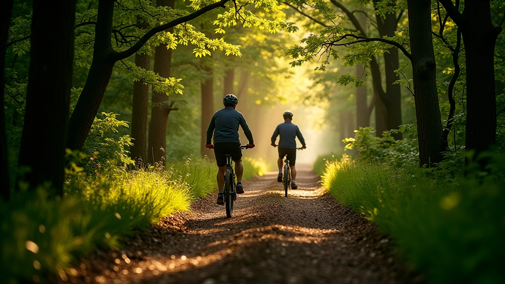Cyclists on a woodland trail with tall trees creating a natural canopy