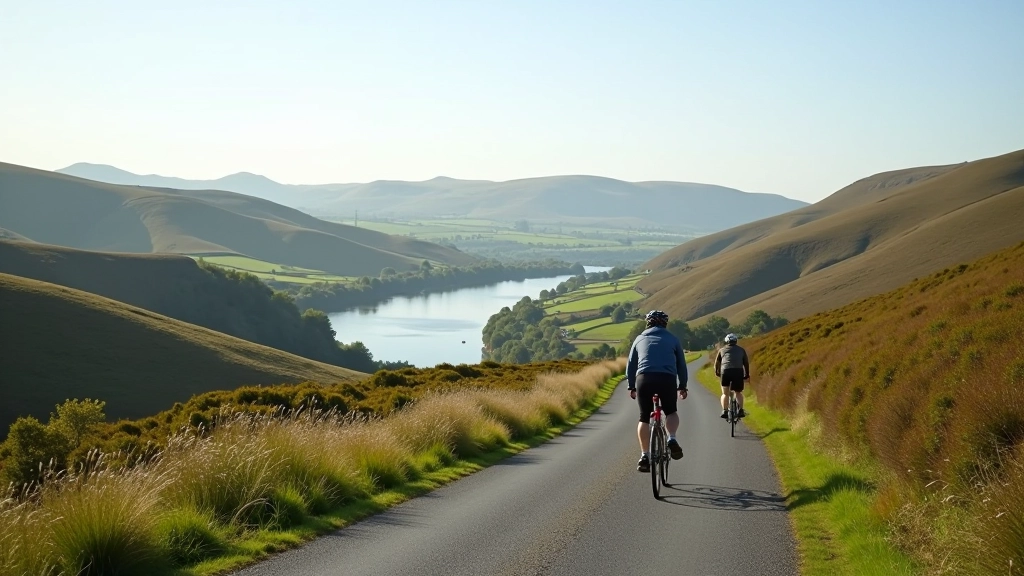 Scenic overlook from cycling route, panoramic view of Galway landscape, water and distant hills visible