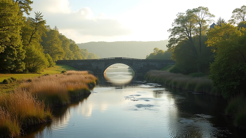 Panoramic view from Salmon Weir Bridge showing the Corrib River flowing beneath with native trees and wetland vegetation along the banks, morning light reflecting on water