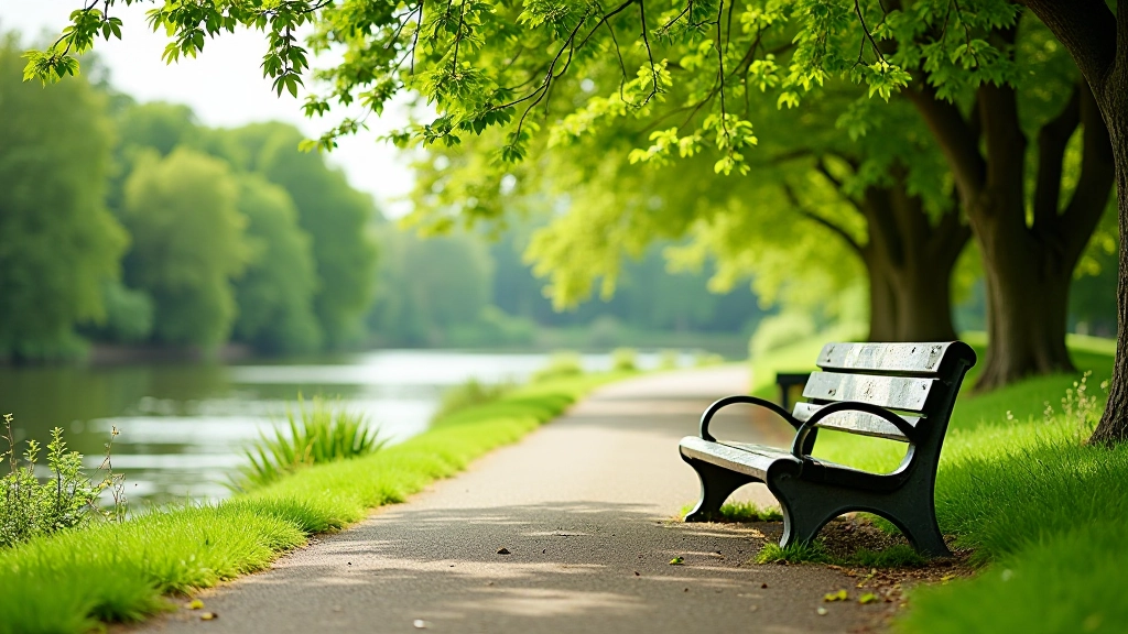 Rest area bench on cycling path, shaded spot overlooking water, peaceful place to pause during ride