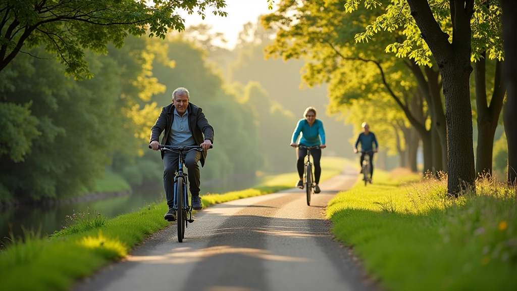 Scenic cycling path along Galway canal with trees and water views, peaceful morning light