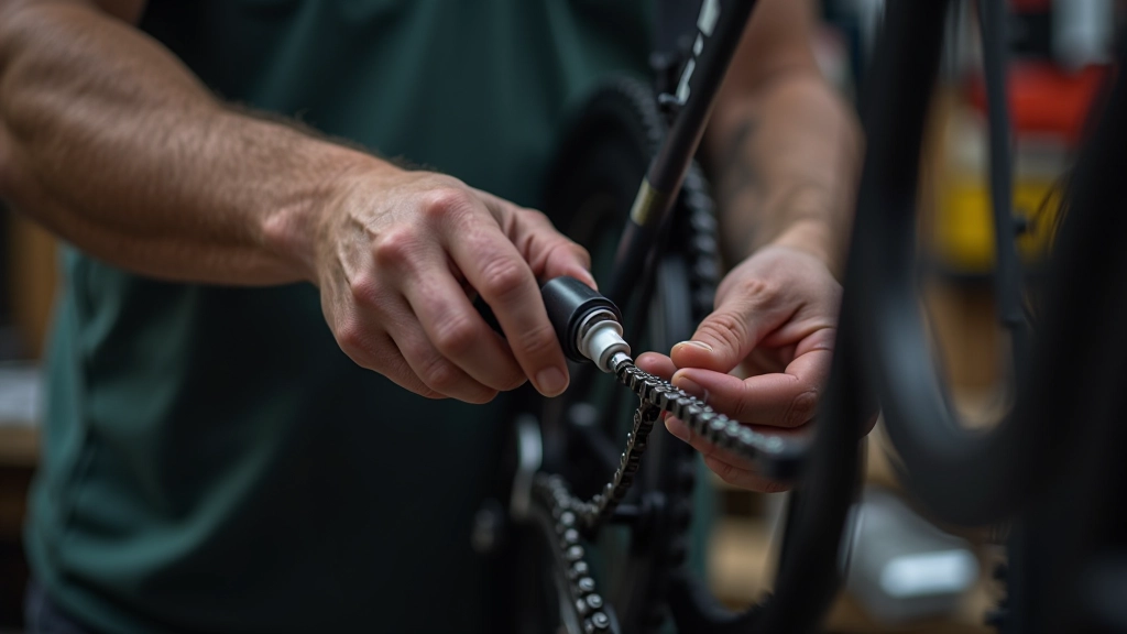 Step-by-step demonstration of chain lubrication process with dedicated bike chain lubricant bottle
