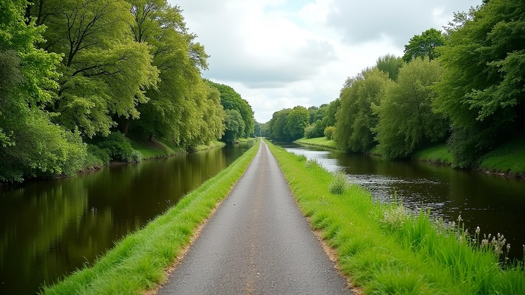 Galway Canal path stretching into distance with water reflections, tree-lined banks, peaceful cycling environment