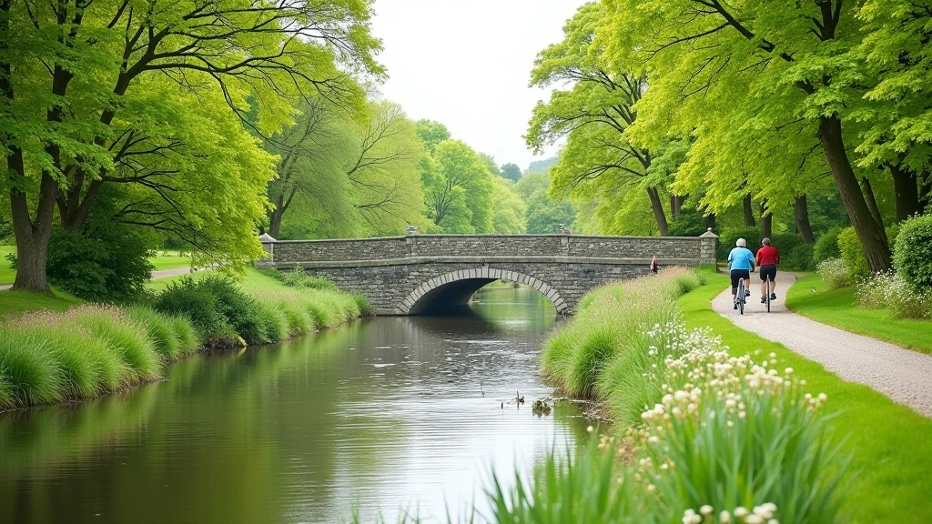 Scenic view of the Galway Canal Path with cyclists and peaceful waterway surroundings