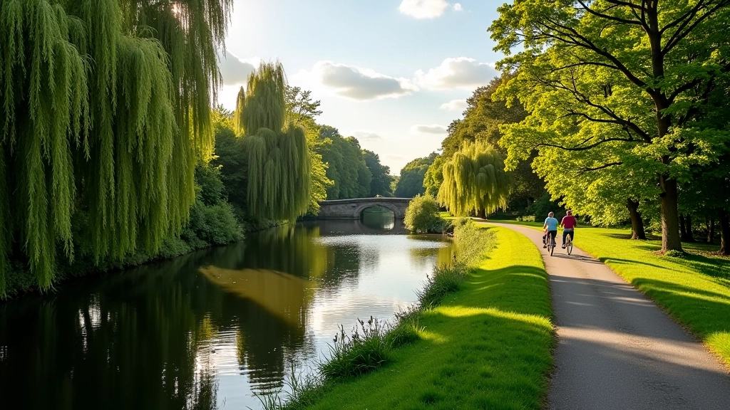 Scenic view of the Galway Canal Path with waterway and tree-lined towpath on a sunny morning