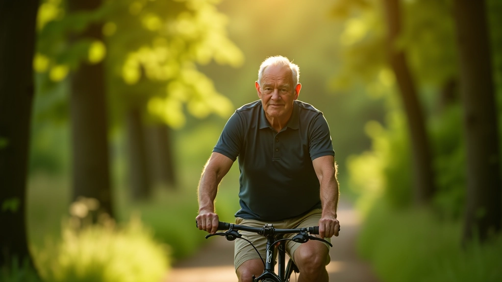 Senior cyclist on forest trail with tall trees creating natural canopy overhead, dappled sunlight on path