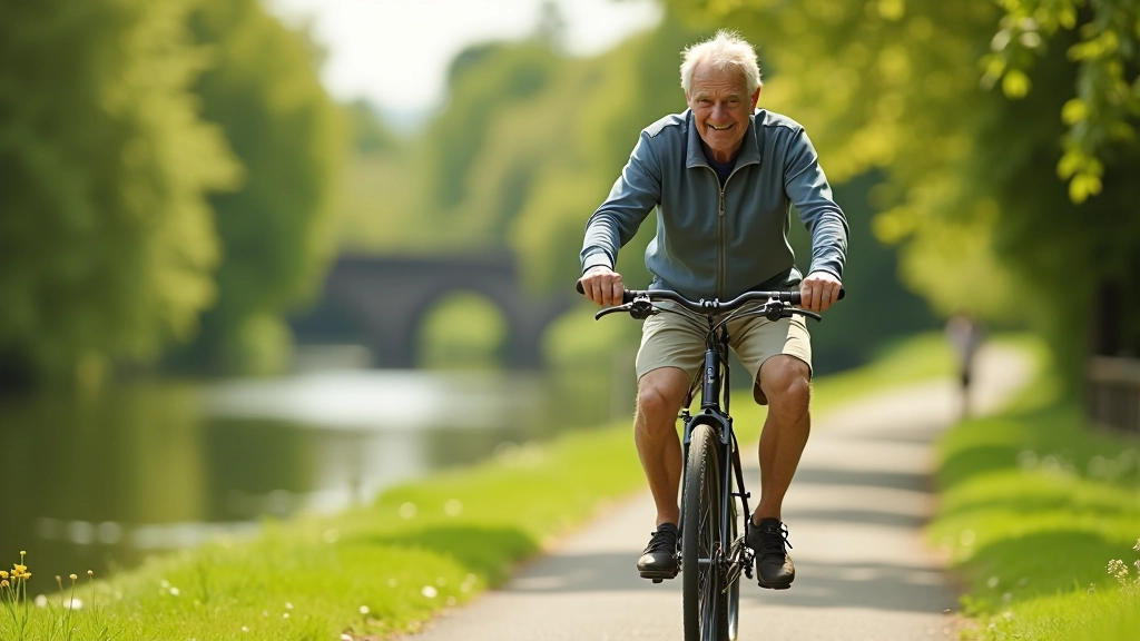 Scenic cycling path along Galway Canal with water reflections and green banks, senior cyclist enjoying peaceful ride