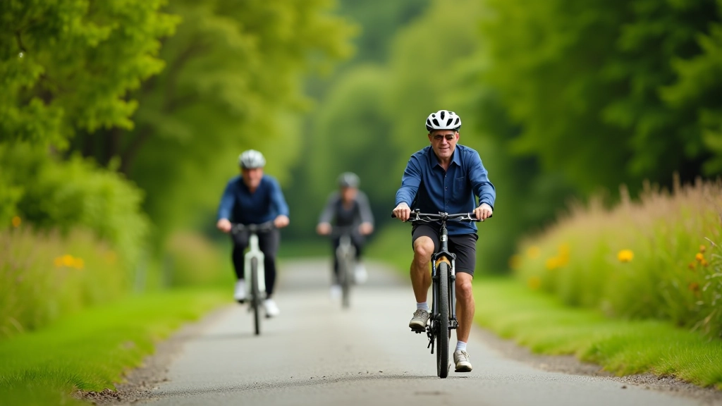 Group of senior cyclists riding together on scenic Galway cycling path, enjoying outdoor activity in natural daylight
