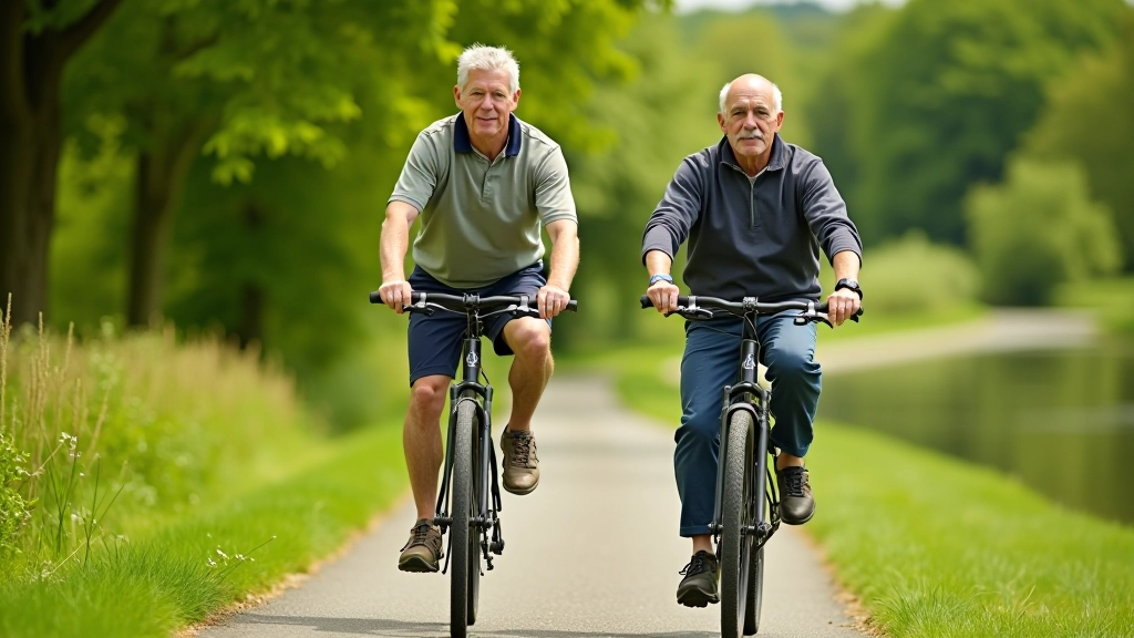 Senior cyclists riding along the scenic Galway Canal path on a sunny day
