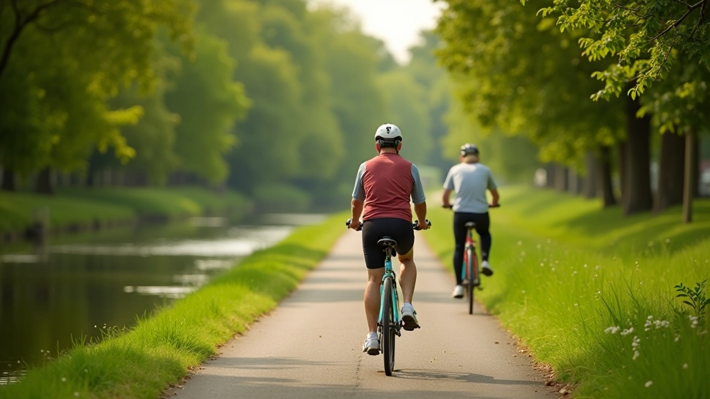 Cyclists riding along a scenic canal path with water on one side and green banks