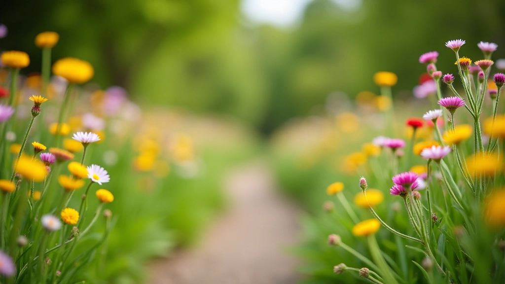 Wildflowers blooming along cycling path, seasonal color, natural flora, vibrant landscape details