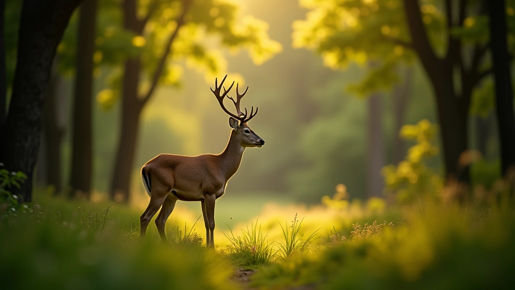 Deer standing in forest clearing near cycling path with soft afternoon light filtering through trees